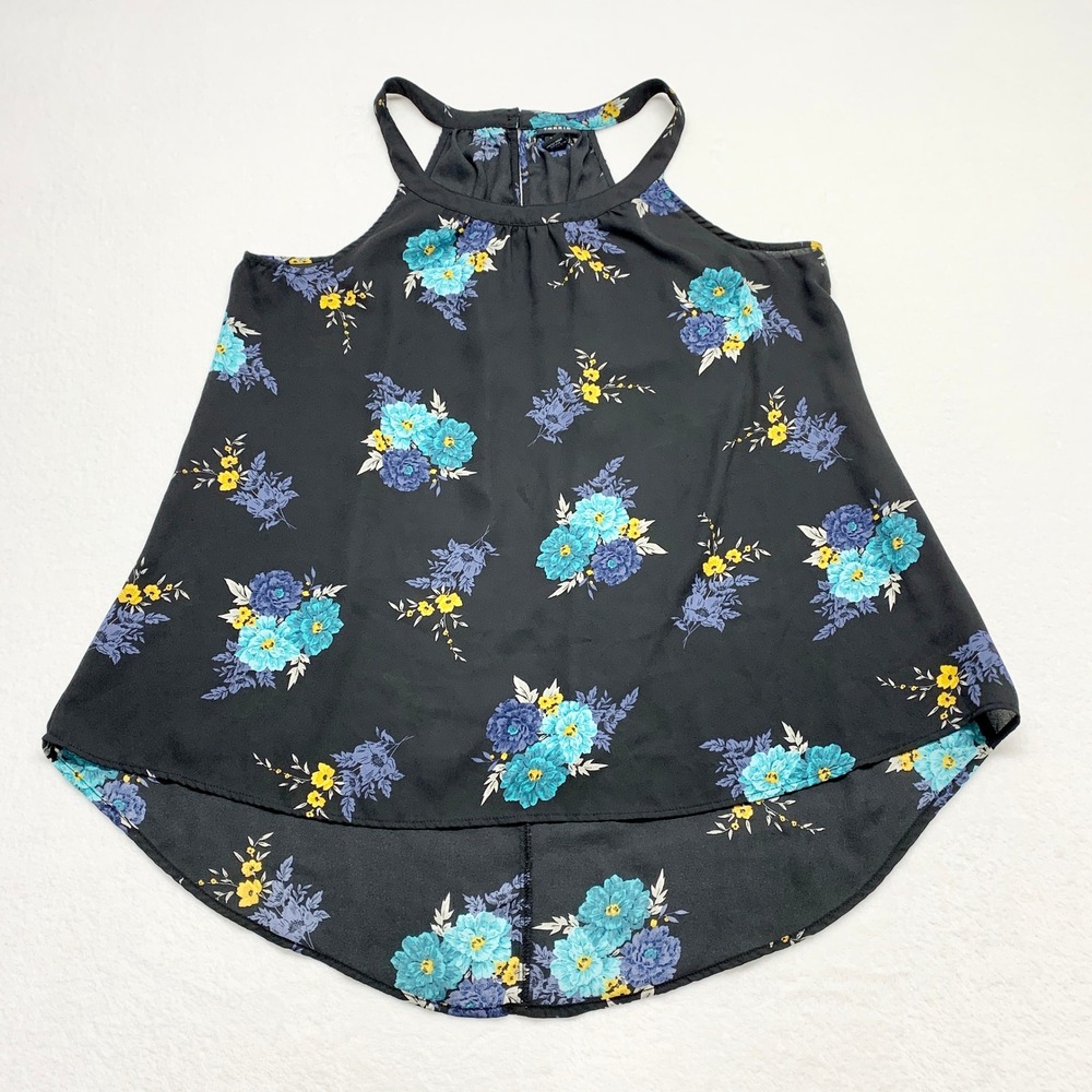 Torrid Floral Halter Tank Top Womens Size 1 L Black Blue Hi-Low Hem Polyester